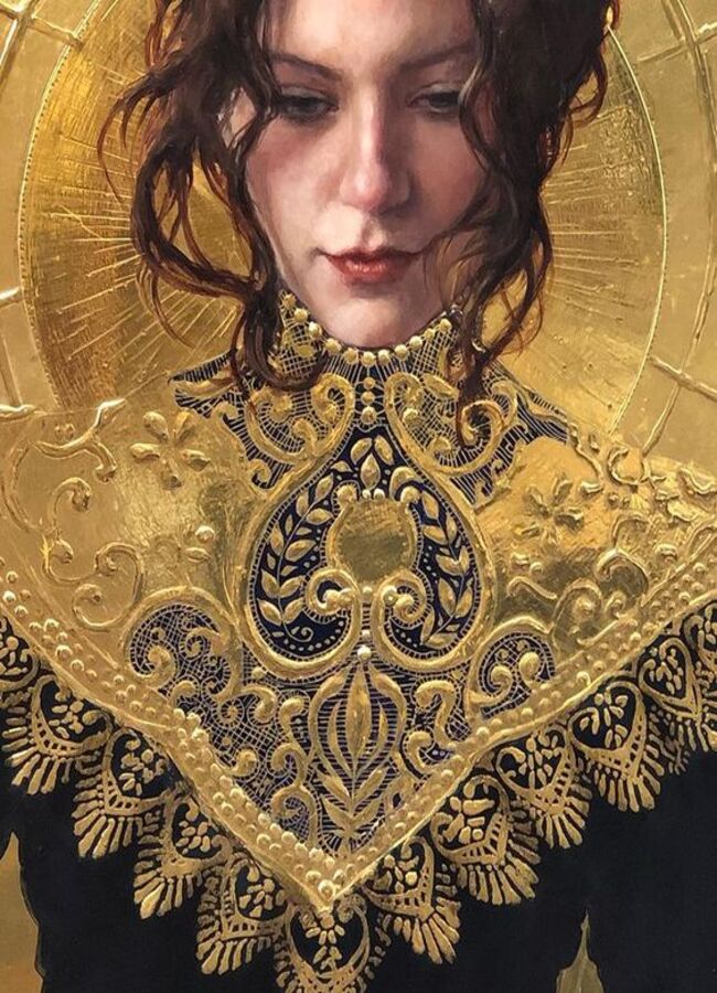 Untitled portrait with gold leaf of a brunette woman looking down while wearing a black and gold dress by painter Stephanie Rew