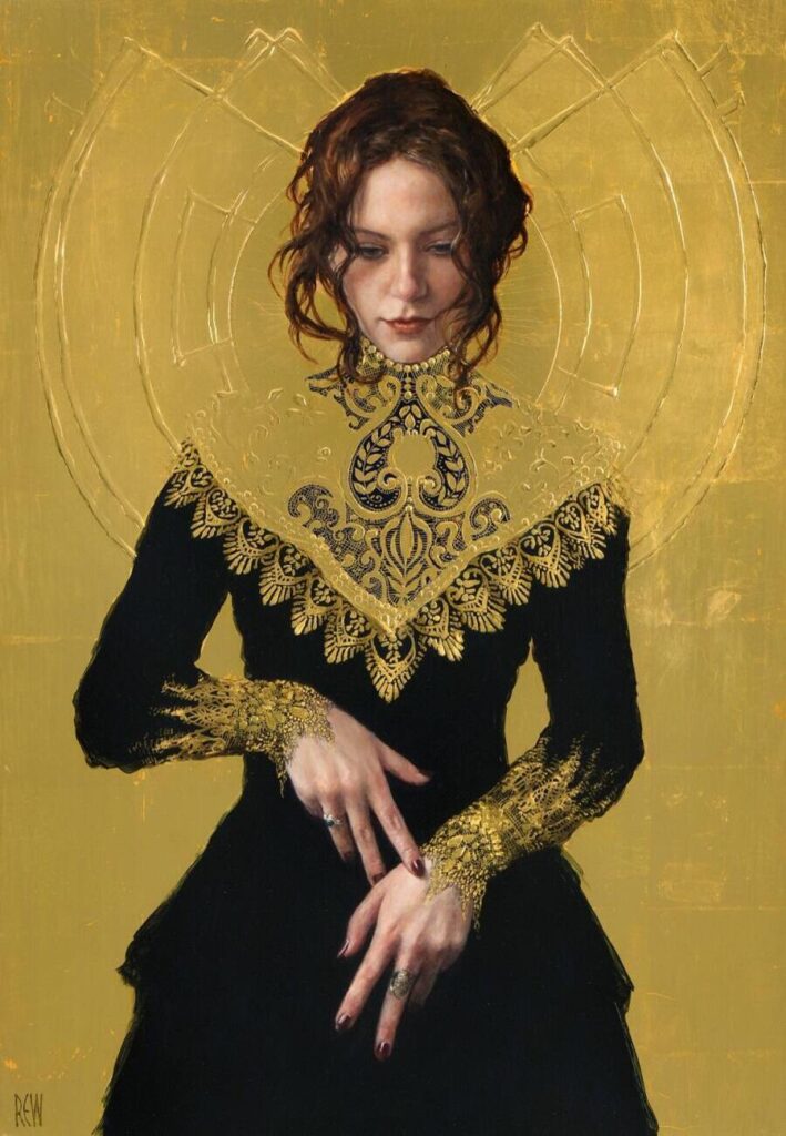 Untitled portrait with gold leaf of a brunette woman looking down while wearing a black and gold dress by painter Stephanie Rew