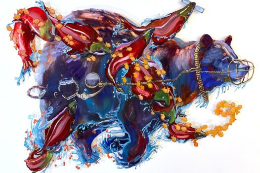 Oil painting of blue bear running by Joni Wildman