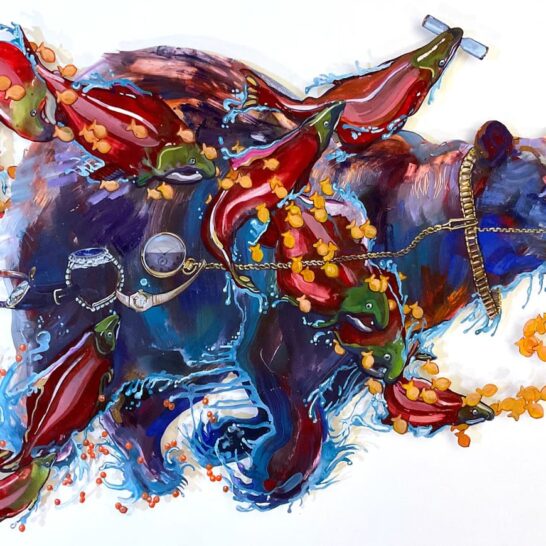 Oil painting of blue bear running by Joni Wildman