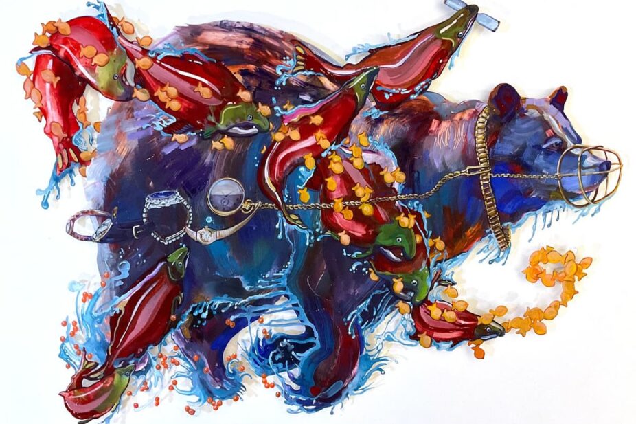 Oil painting of blue bear running by Joni Wildman