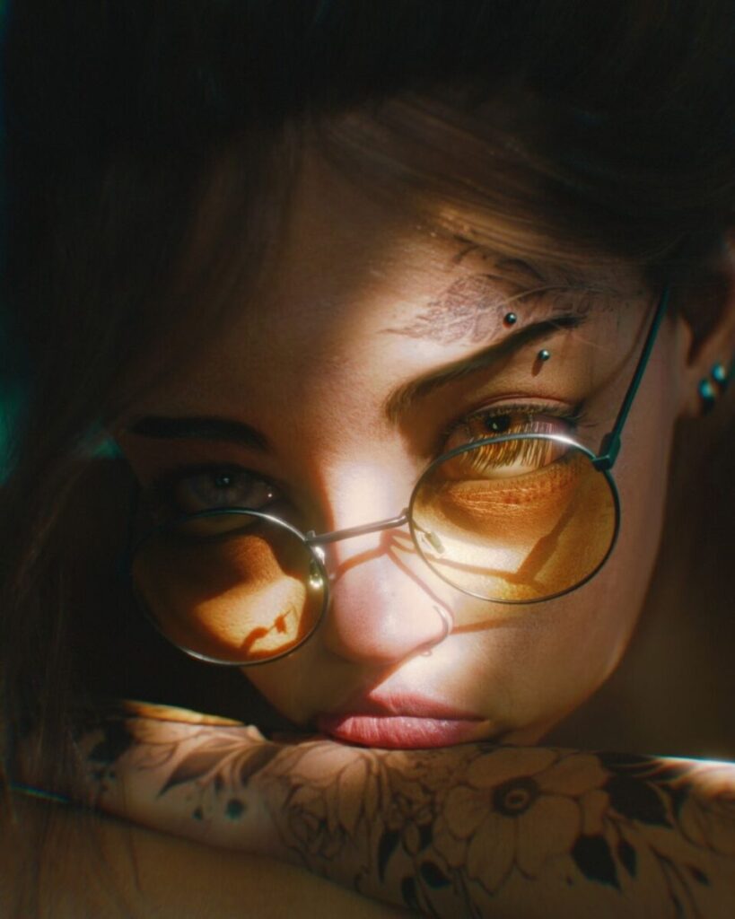 VZEWL's 3D artwork of a woman with glasses and tattoo on her face