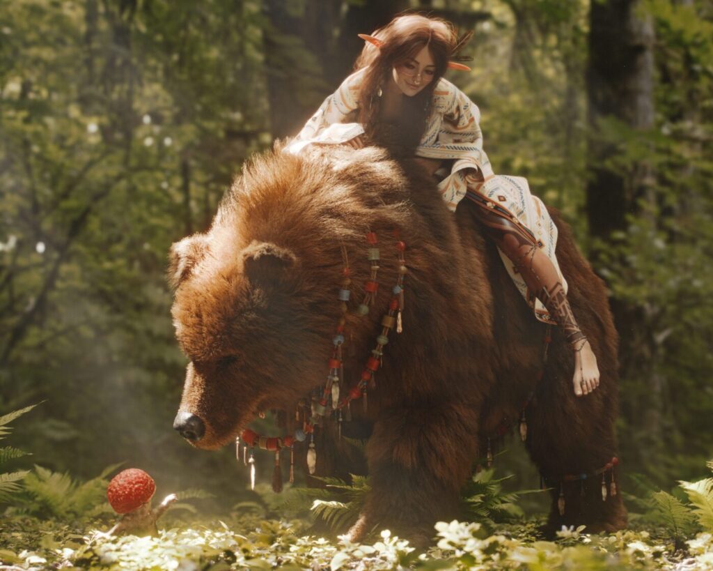 VZEWL's 3D artwork of a woman riding a large brown bear in the woods