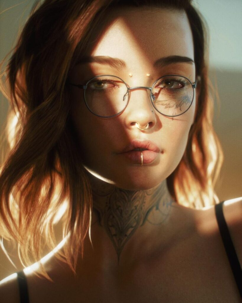 VZEWL's 3D artwork of a woman with glasses, a tattoo and piercing