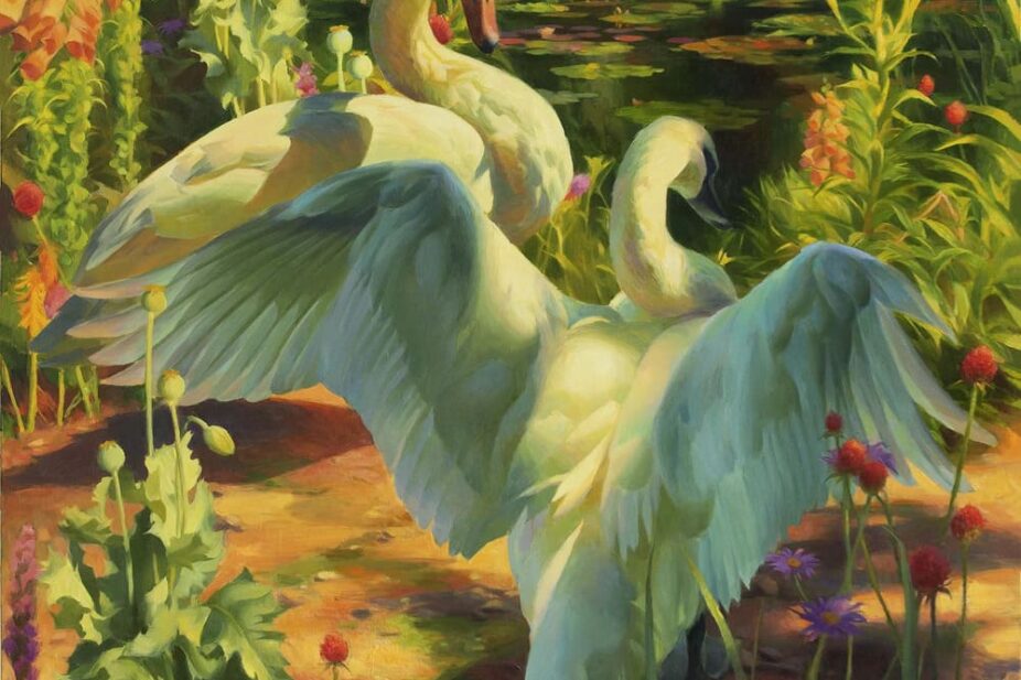 Two swans in a vibrant garden