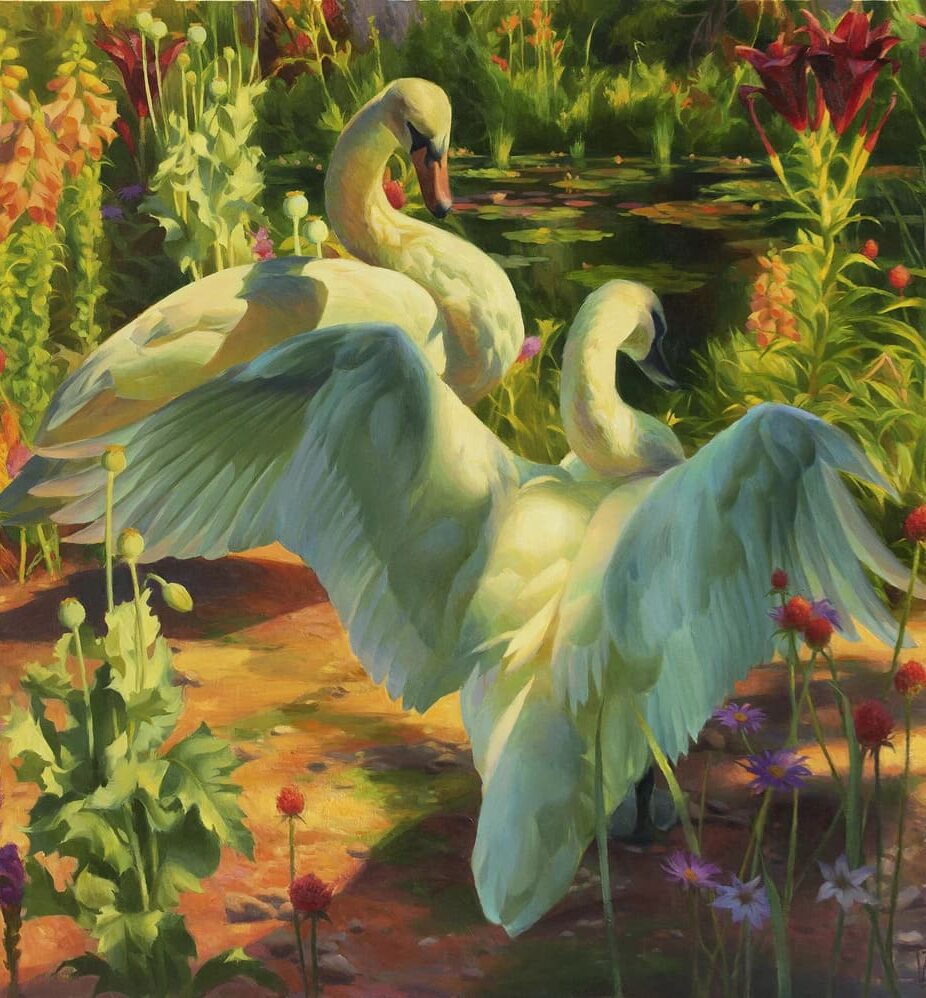 Two swans in a vibrant garden