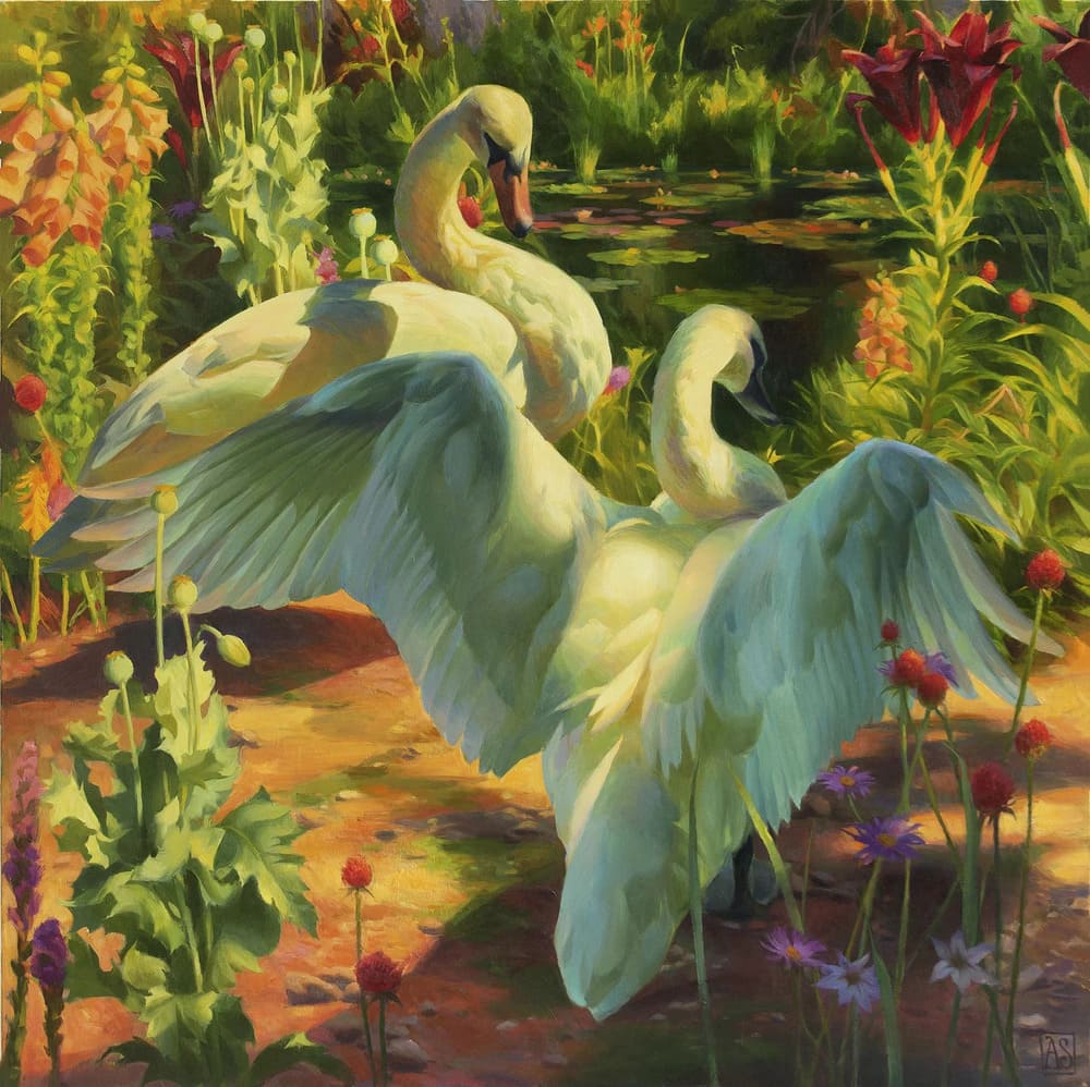 Adrienne-Stein-Swans-Cover Two swans in a vibrant garden